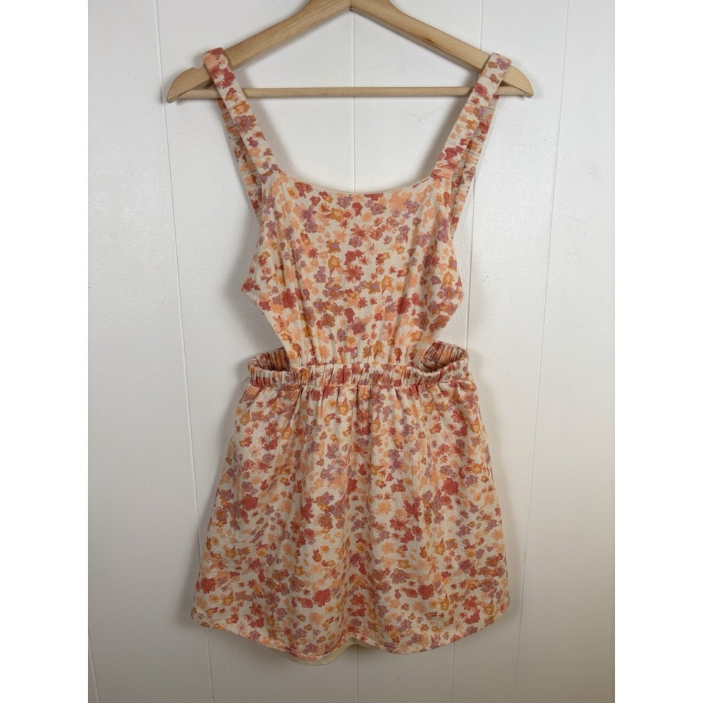 Stitch & Pine Small Cutout Linen Blend Pink Floral Mini Dress Elastic Waist
